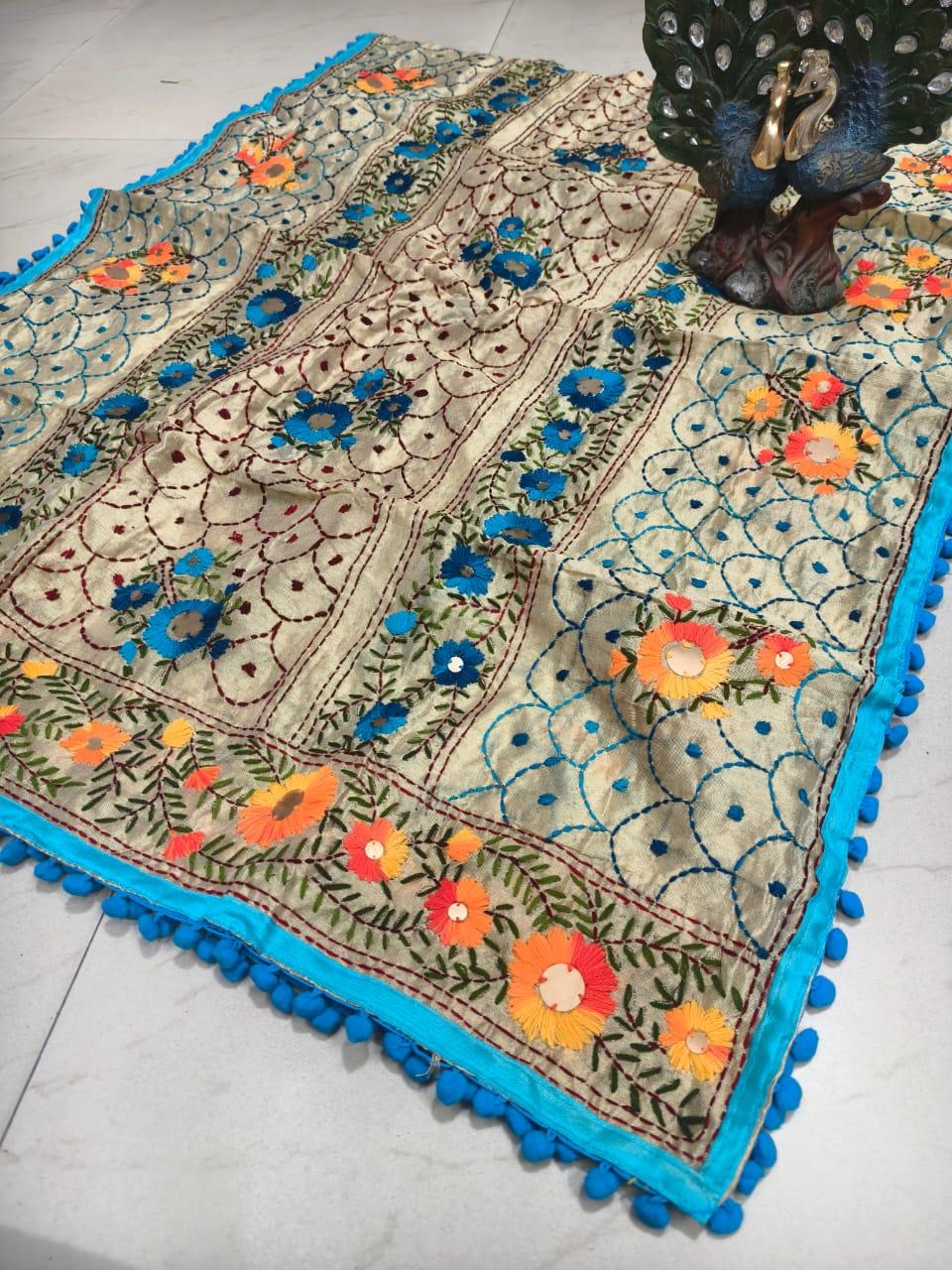 Light Blue Silk Pom Pom Phulkari Dupatta with Exquisite Handwork Embroidery - Inayakhan Shop 