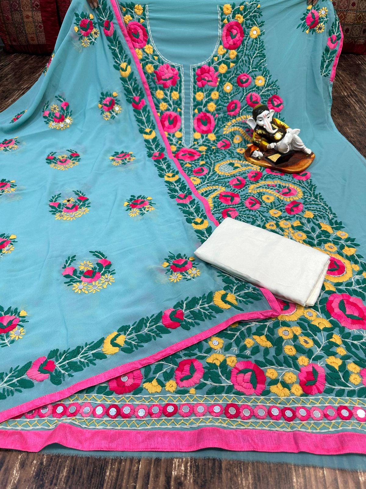 Light Blue Super Georgette Phulkari Suits with Beautiful Embroidery Shopping Online - Inayakhan Shop 
