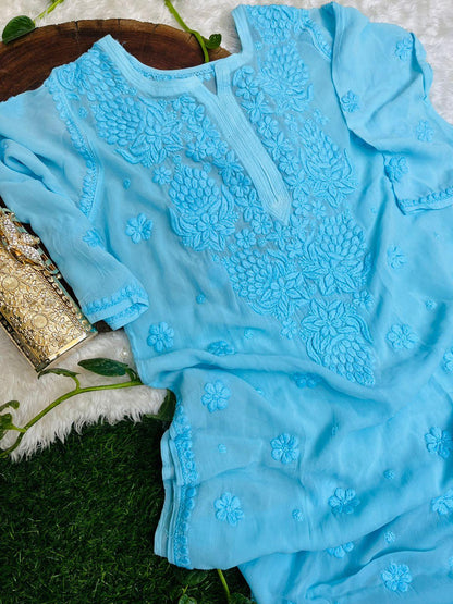 Light Blue Viscose Chikankari Kurti with 3-D Thread Handwork Embroidery Latest Online - Inayakhan Shop 