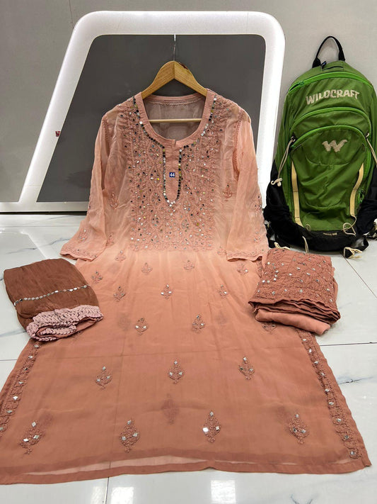 Light Brown Dye Ombre Georgette Kurti Set With Sharara and Chiffon Dupatta(Inner Included) - Inayakhan Shop 