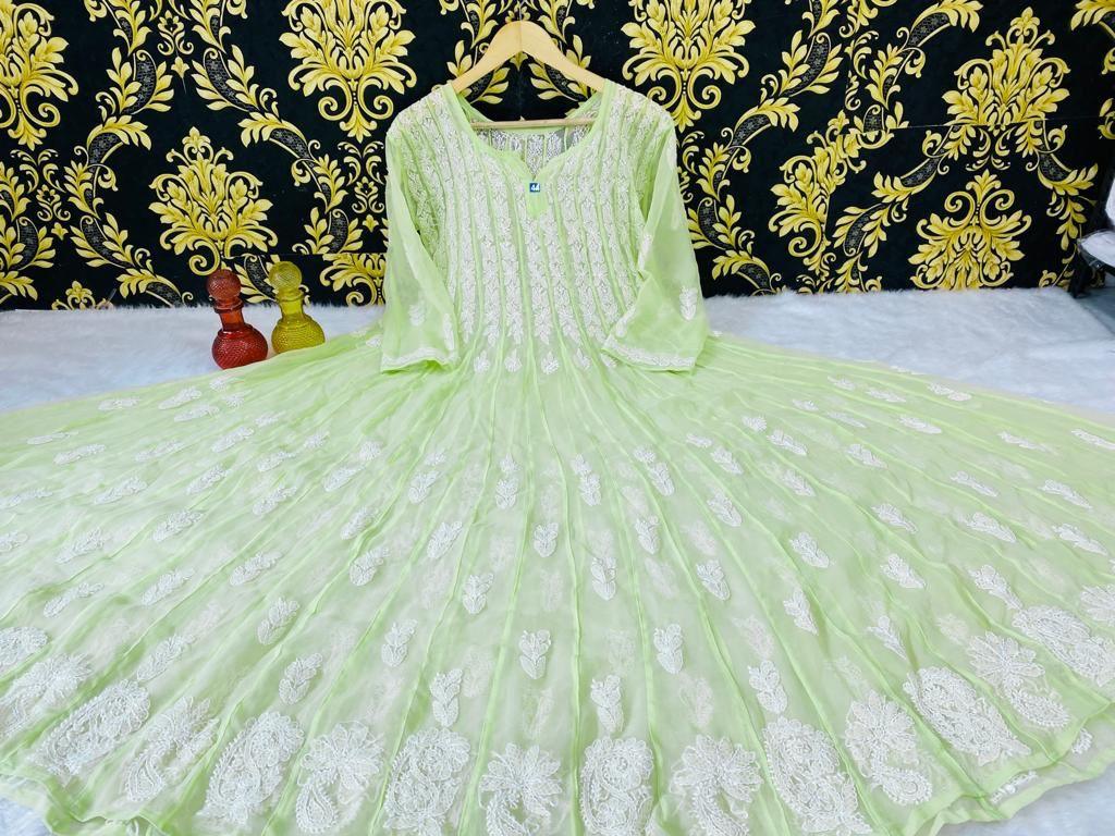 Light Green Pastel Lucknow Chikankari Anarkali Gown 56 inch Kali - Inayakhan Shop 