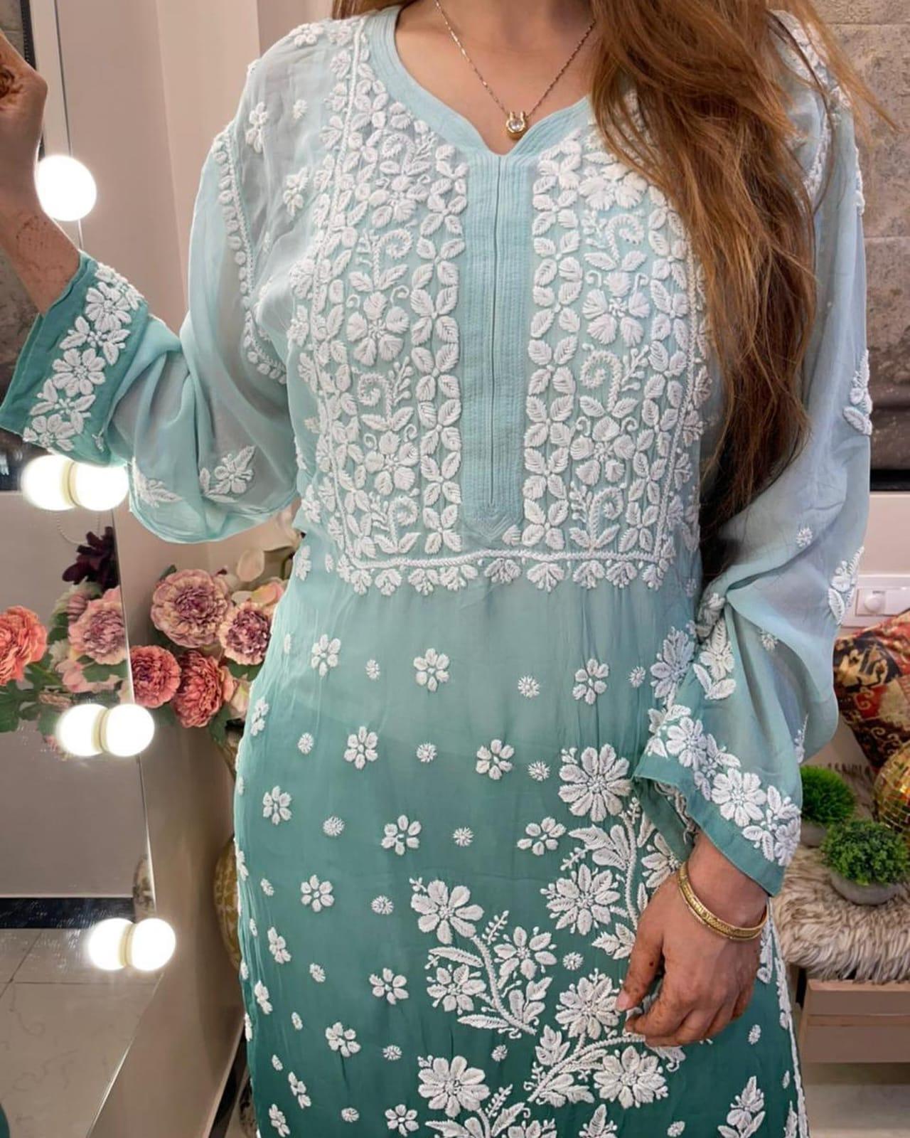 Light Green Premium 3D Jasmine Maslin Kurti with White Pallazo (Limited Stock) - Inayakhan Shop 