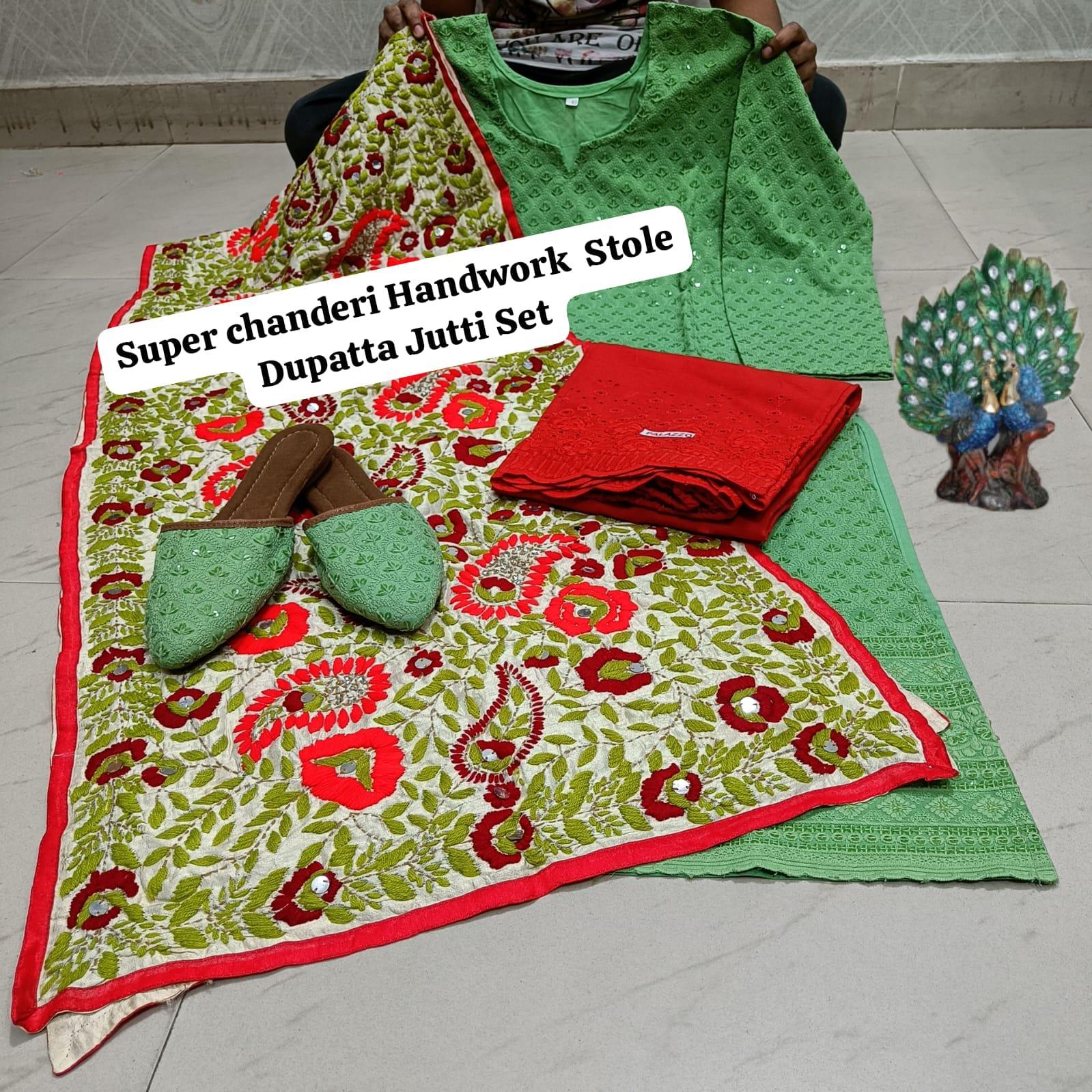 Light Green Pure Cambric Cotton Kurti with Beautiful Handwork Stole Dupatta Jutti Set - Inayakhan Shop 