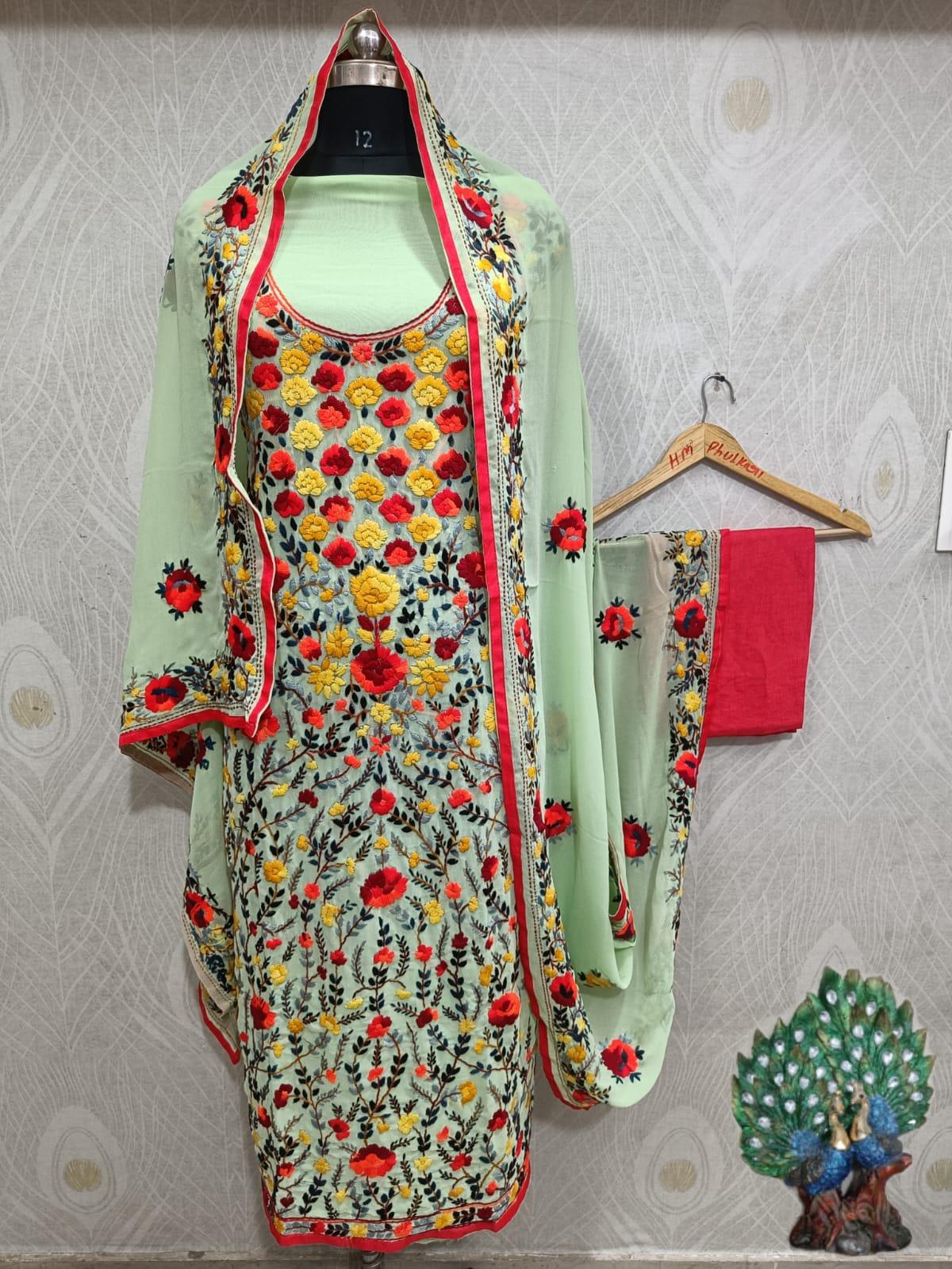 Light Green Special Georgette Phulkari Suit with Beautiful Floral Embroidery Shopping Online - Inayakhan Shop 