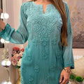 Light Green Viscose 3D Work Short Chikankari Top