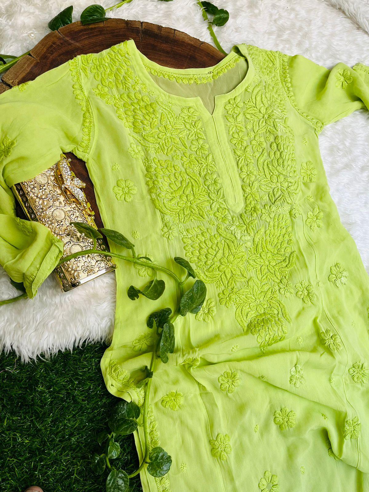 Light Green Viscose Chikankari Kurti with 3-D Thread Handwork Embroidery Latest Online - Inayakhan Shop 