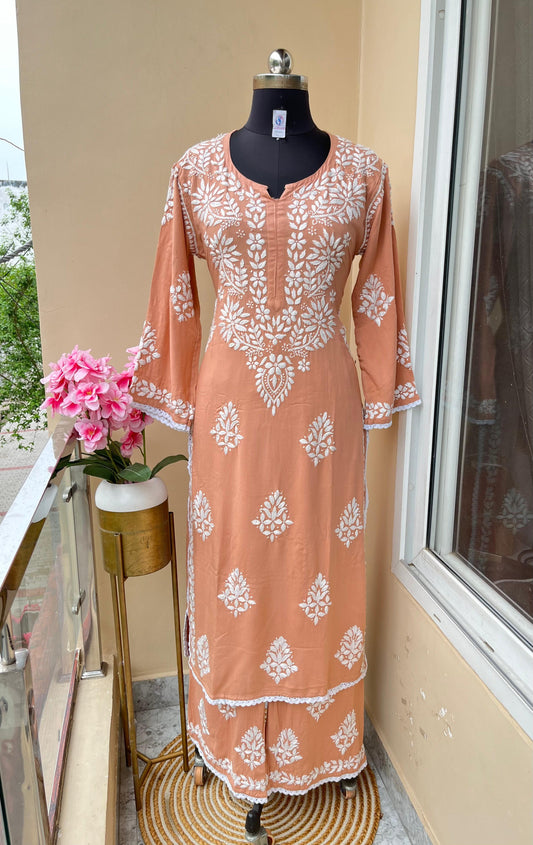 Light Orange Premium Rayon Lucknow Chikankari Kurti and Pallazo Set - Inayakhan Shop 