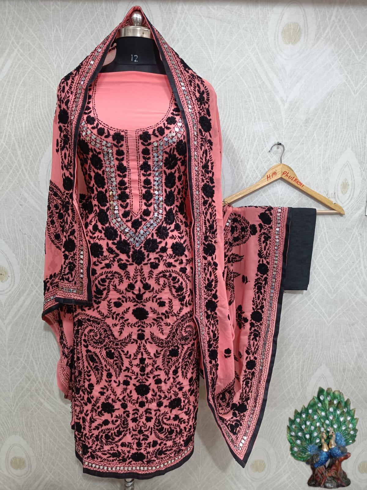 Light Pink & Black Special Georgette Phulkari Suit with Beautiful Embroidery Shopping Online - Inayakhan Shop 