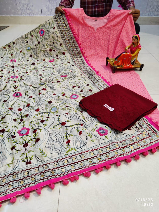 Light Pink & Maroon Handmade Mirror Work Raw Silk Pom Pom Dupatta Set - Inayakhan Shop 