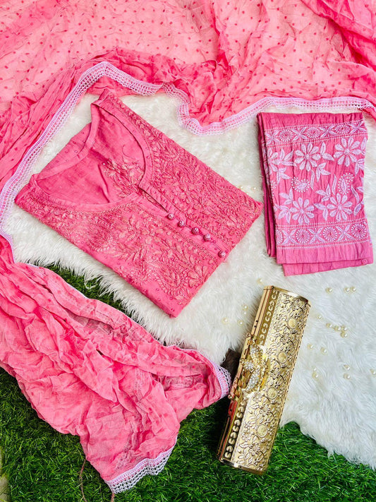 Light Pink Chikankari Handwork Cotton Dyeable Set , Dobby Bundi Dupatta from Lucknow - Inayakhan Shop 