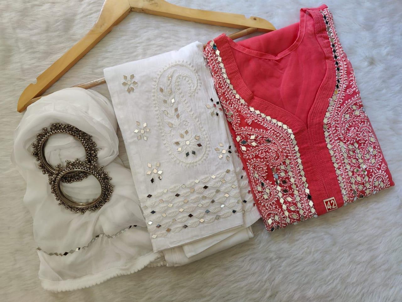 Light Pink Georgette Mirror Gala Booti Chikankari Set with Beautiful Handwork Embroidery - Inayakhan Shop 