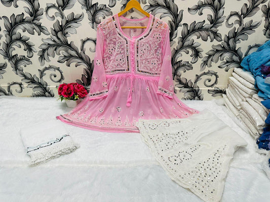 Light Pink Glimmering Georgette Mirror Work Short Gown, Dupatta, and Sharara Full Combo Set - Inayakhan Shop 