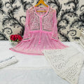 Light Pink Glimmering Georgette Mirror Work Short Gown, Dupatta, and Sharara Full Combo Set