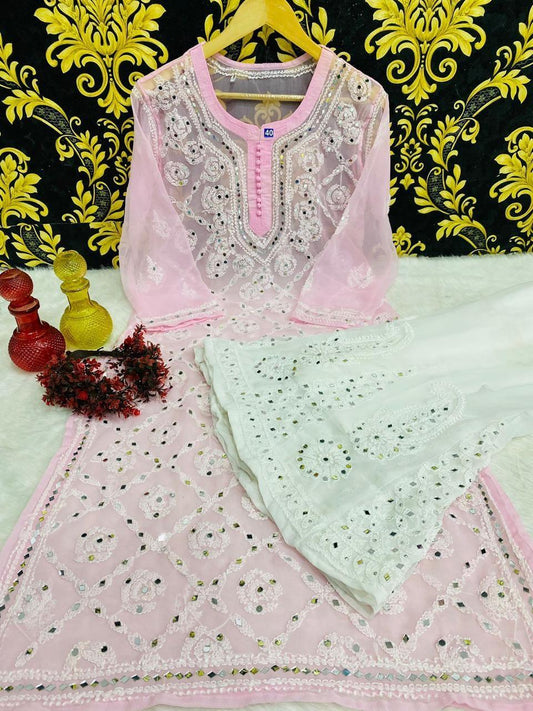 Light Pink Graceful Lucknawi Georgette Chikankari Mirror Kurti with Mirror Sharara (INNER INCLUDED) - Inayakhan Shop 