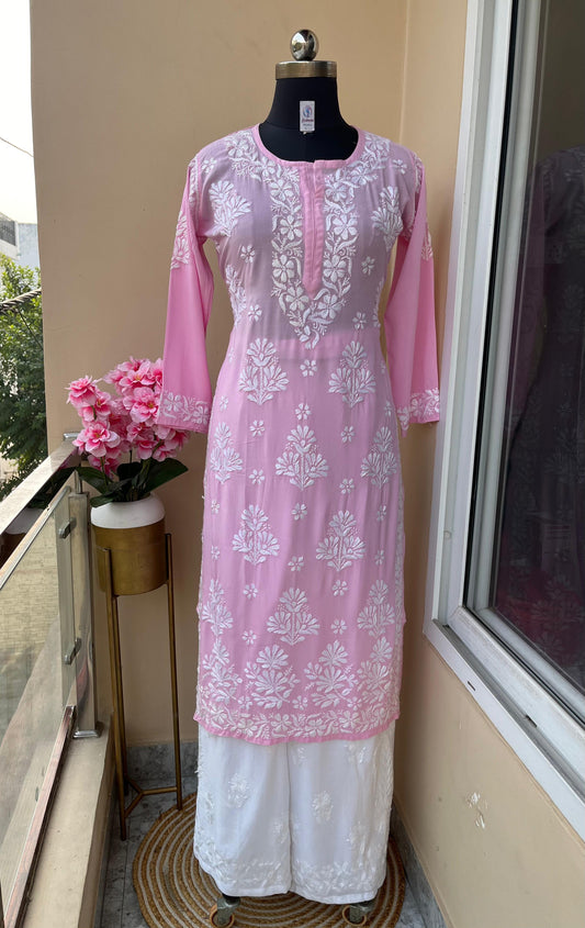 Light Pink Premium Modal Lucknowi Chikankari Kurti and Rayon Plazo Set - Inayakhan Shop 