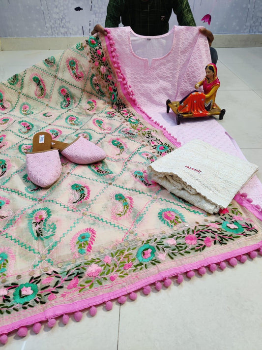 Light Pink Pure Cotton Phulkari Suit with Beautiful Handmade Mirror Work Shopping Online - Inayakhan Shop 