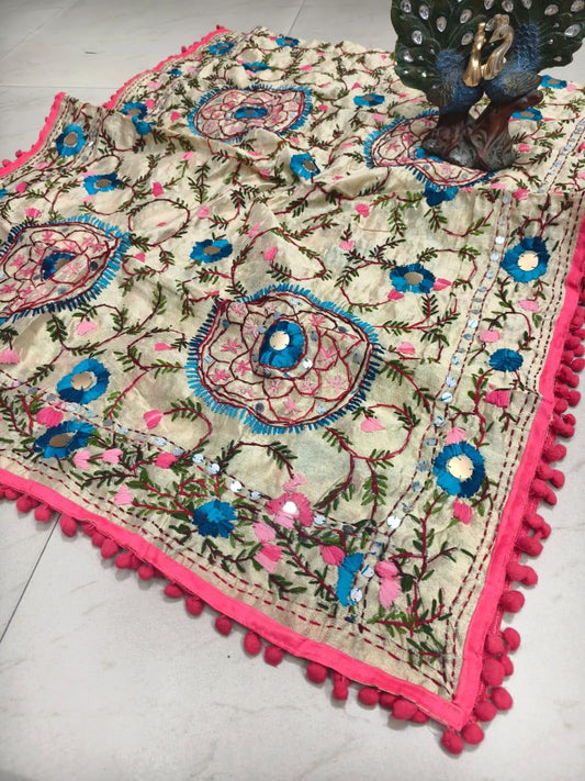 Light Pink Silk Pom Pom Phulkari Dupatta with Exquisite Handwork Embroidery - Inayakhan Shop 