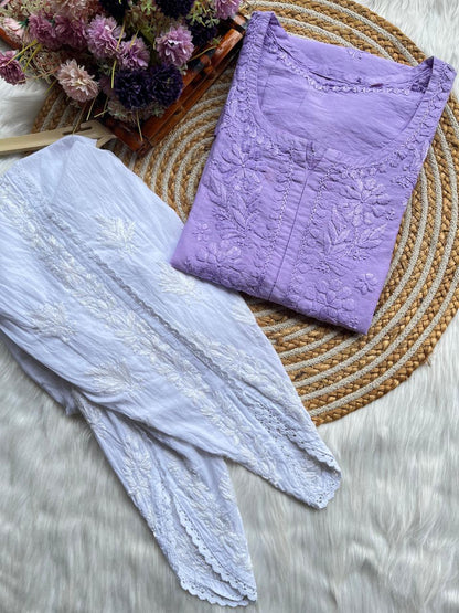 Light Purple Chanderi Silk Short Chikankari Kurti and Cotton Dhoti Tulip Pant Co-ord Set - Inayakhan Shop 