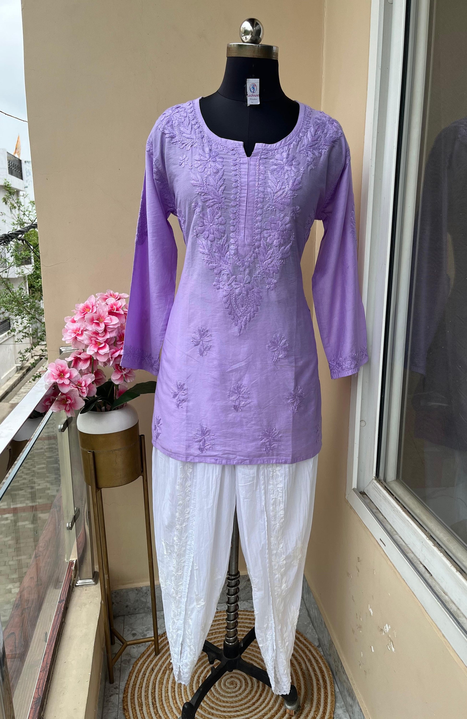 Light Purple Chanderi Silk Short Chikankari Kurti and Cotton Dhoti Tulip Pant Co-ord Set - Inayakhan Shop 