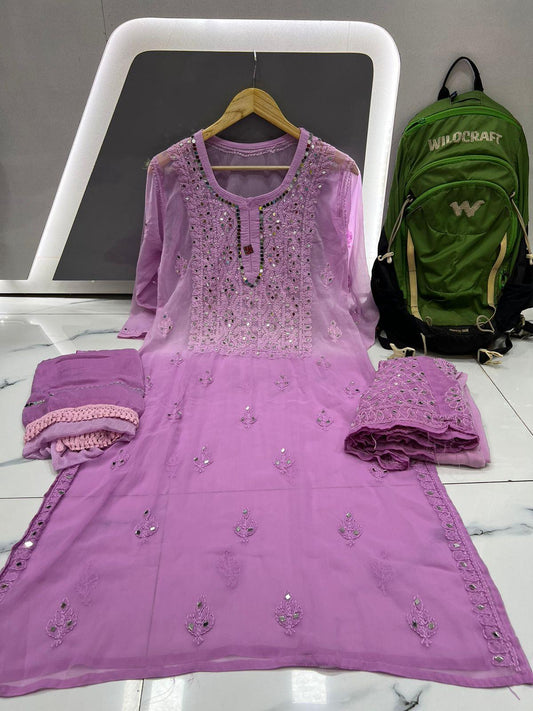 Light Purple Dye Ombre Georgette Kurti Set With Sharara and Chiffon Dupatta(Inner Included) - Inayakhan Shop 