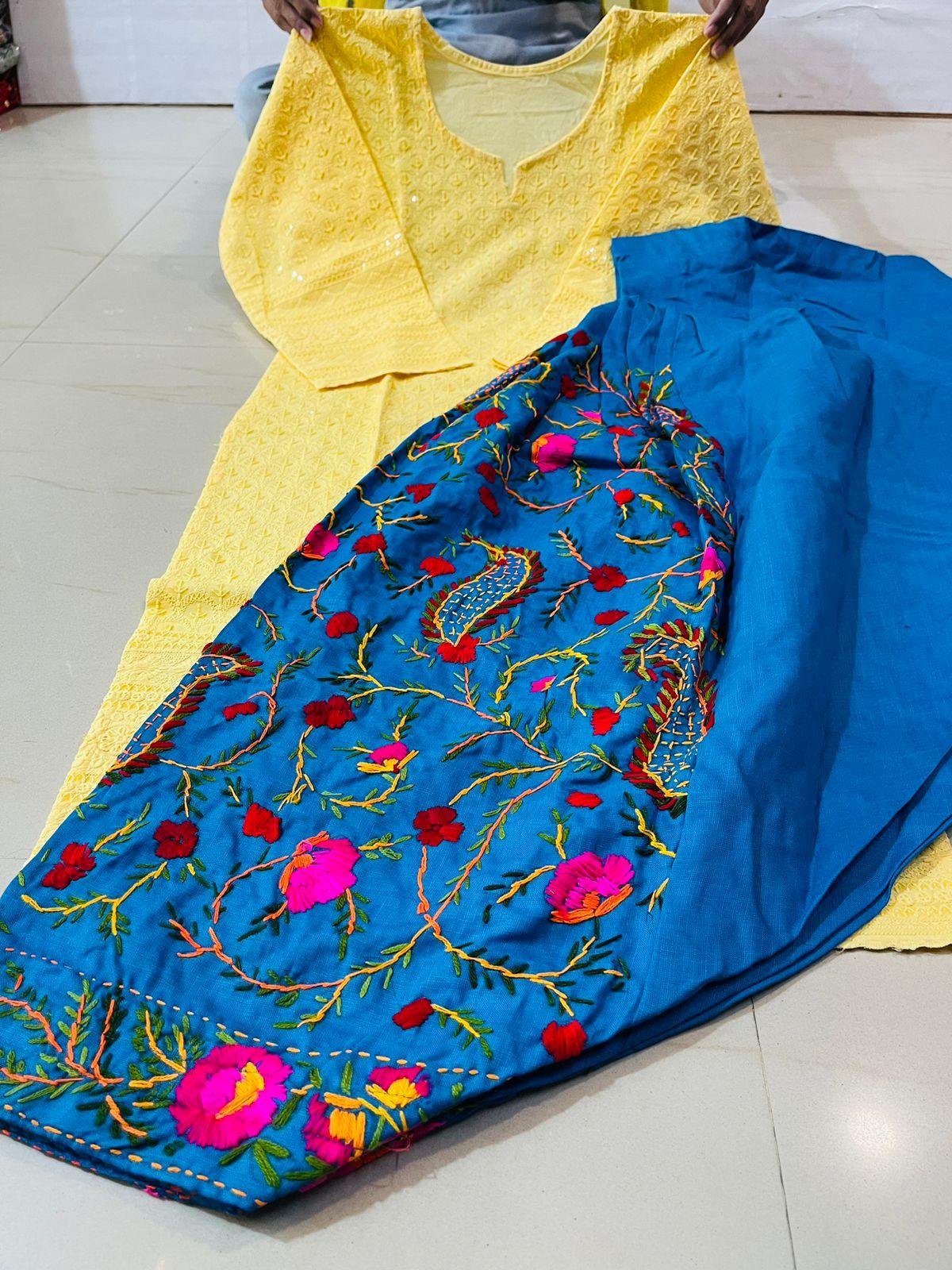 Light Yellow and Blue Sequined Splendor Chikankari Kurti and Patiala Salwar Set - Inayakhan Shop 
