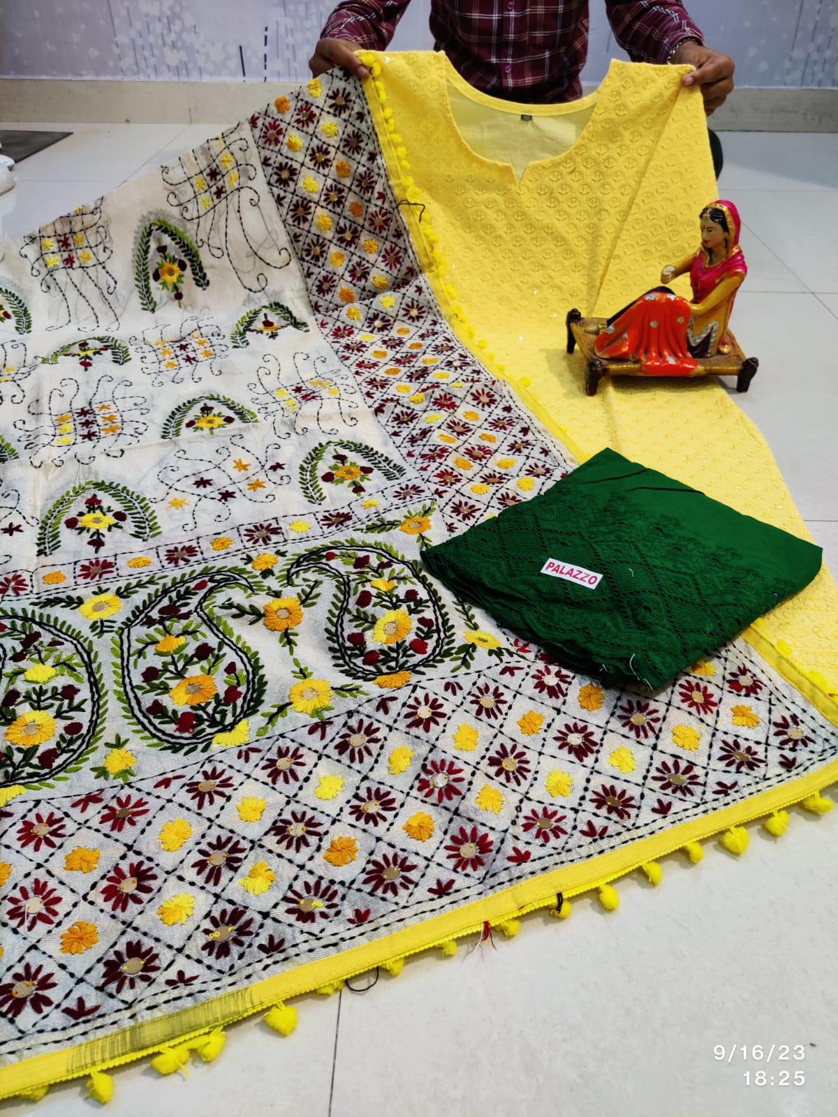 Light Yellow & Green Handmade Mirror Work Raw Silk Pom Pom Dupatta Set - Inayakhan Shop 
