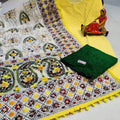 Light Yellow & Green Handmade Mirror Work Raw Silk Pom Pom Dupatta Set