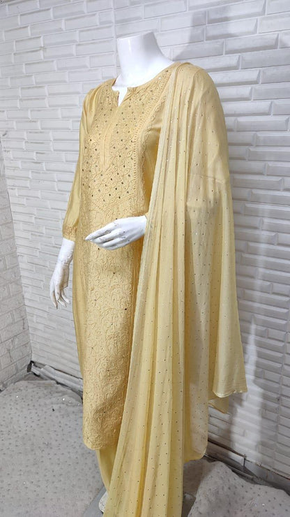 Light Yellow Chikankari Elegance: Modaal Chanderi Cutdana Ensemble - Inayakhan Shop 