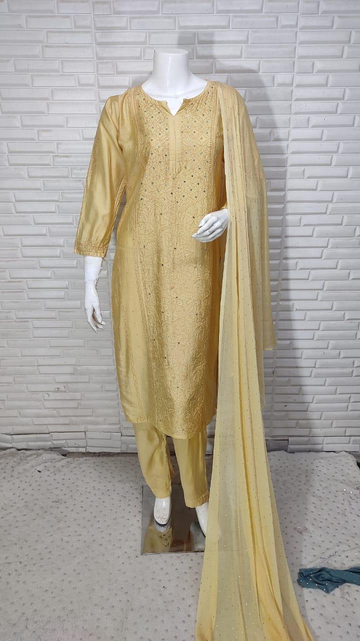 Light Yellow Chikankari Elegance: Modaal Chanderi Cutdana Ensemble - Inayakhan Shop 