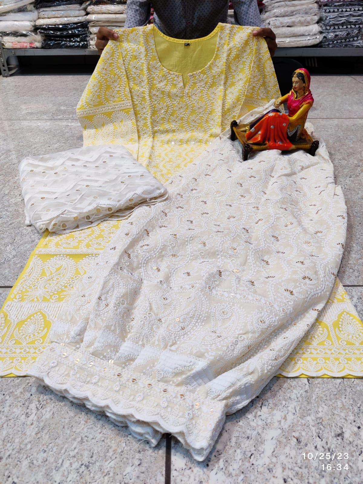 Light Yellow Chikankari Ensemble: Chikan Kurti, Lucknawi Afghani Salwar, and Sequined Duppata Set - Inayakhan Shop 