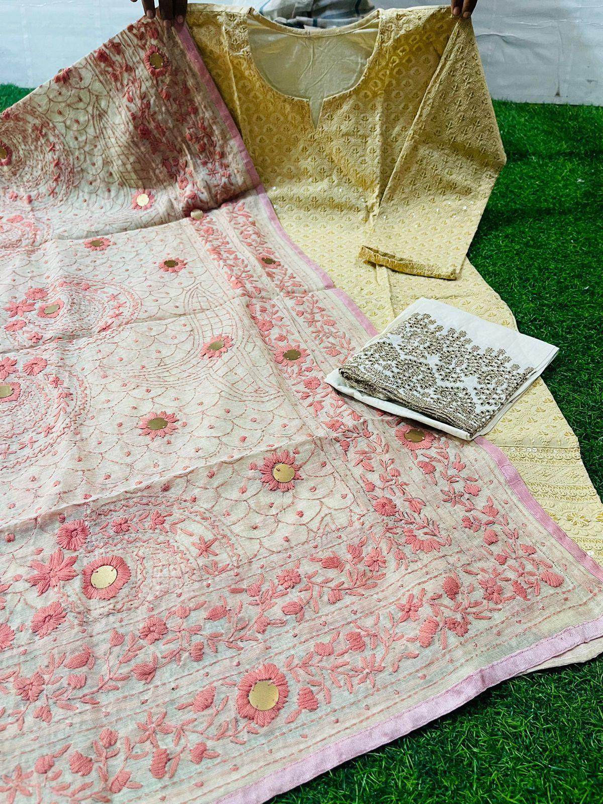 Light Yellow Chikankari Sequence Work Ready-to-Wear 3-Piece Set: Kurti, Plazo, Phulkari Pom Pom Dupatta - Inayakhan Shop 