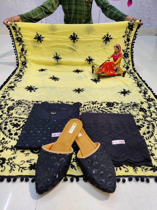 Light Yellow Chikankari Sequins Kurti with Handwork Embroidery Latest Online - Inayakhan Shop 