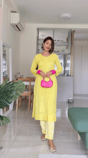 Light Yellow Cotton Chikankari Hand Work Kurti Pant Sets