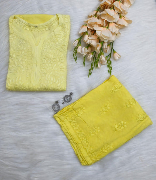 Light Yellow Elegance Unveiled Modal Chikankari Ensemble - Inayakhan Shop 