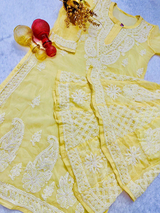 Light Yellow Lucknawi Chikankari Georgette Kurti and Sharara Set , Dupatta and Inner Included - Inayakhan Shop 