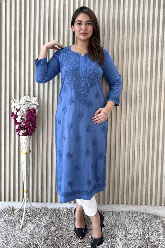 Blue Exquisite Lucknow Chikankari Mukesh Work Kurti Set