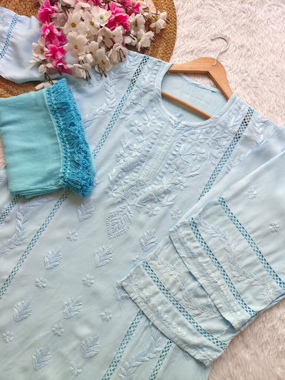 Light Blue Aura Luxe: Premium Rayon 3-Piece Lucknowi Chikankari Ensemble
