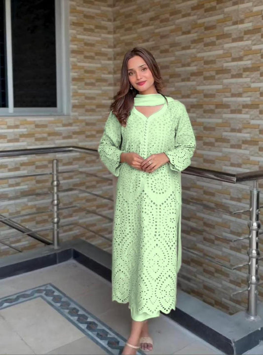 Light Green Chikan Hakoba Designer Ready-to-Wear Suits Plus Sizes available