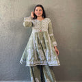 Green Premium Lucknowi Chikankari Lace Printed Mal Mal Bell Sleeves Co-Ord Gharara Set