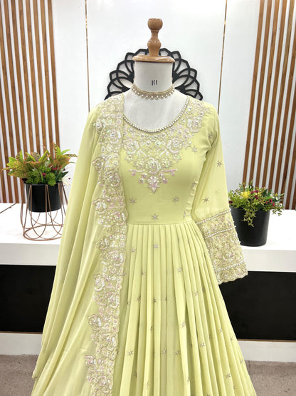 Green Embroidered Georgette Women's Party Wear Gown Set