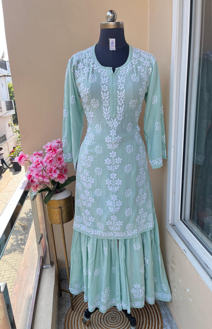 Mint Green Premium Kurti & Gharara Co-ord Set – Lucknow Chikankari Handwork