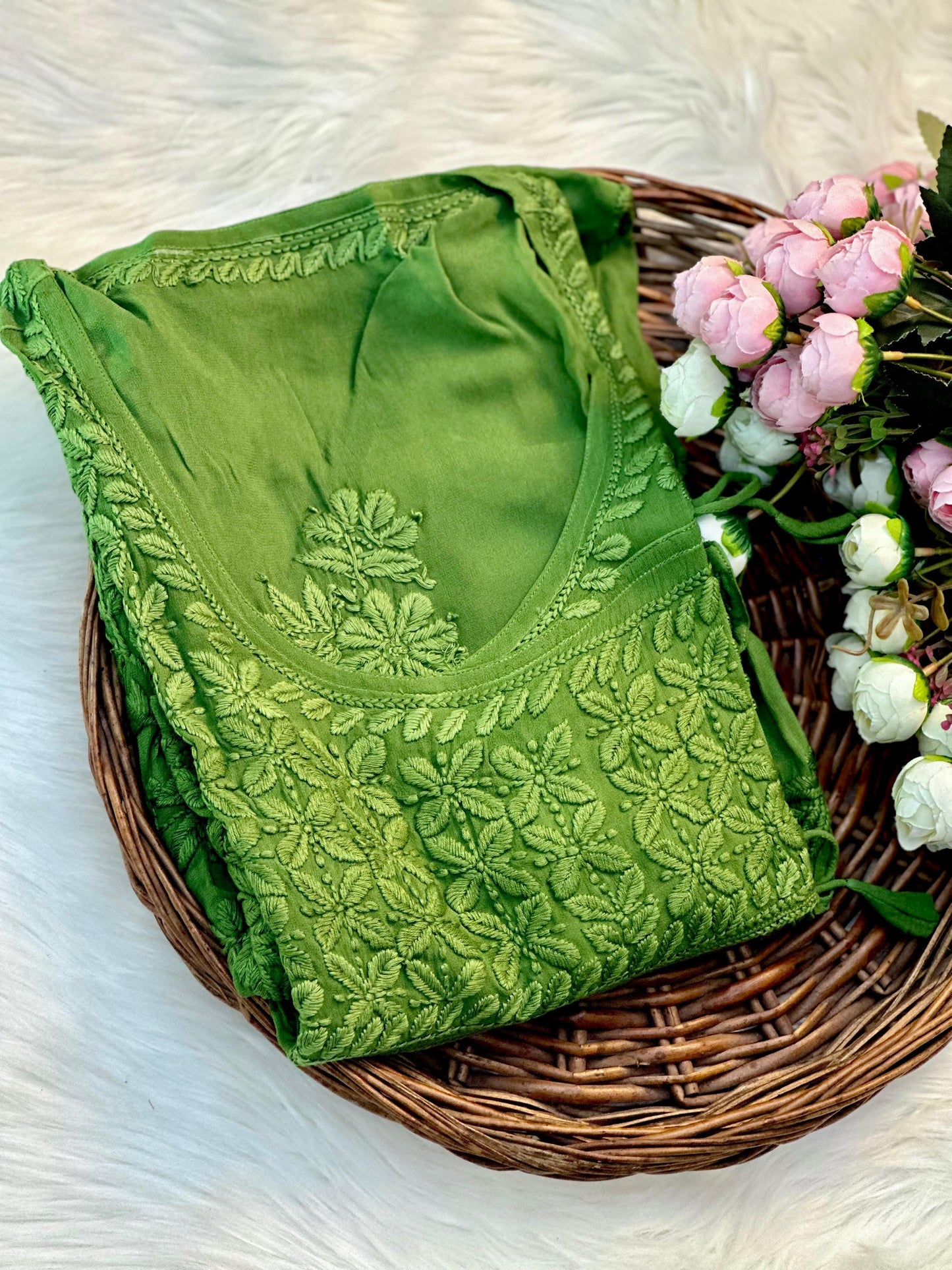 Green Exquisite Handcrafted Lucknowi Chikankari Viscose Angarkha – 3D Floral Embroidery