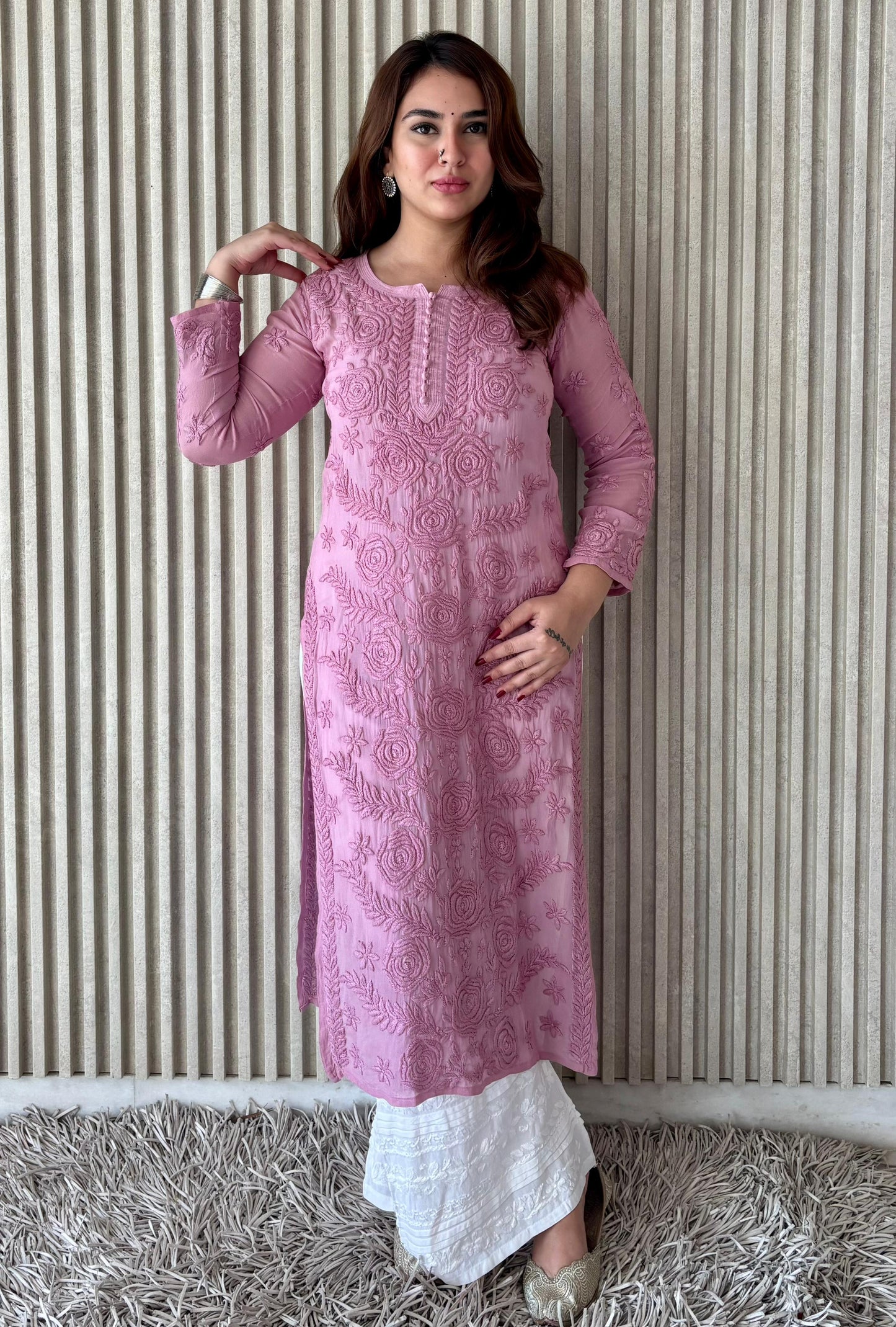 Light Pink Lucknowi Chikankari Rose Viscose Georgette Kurta Set