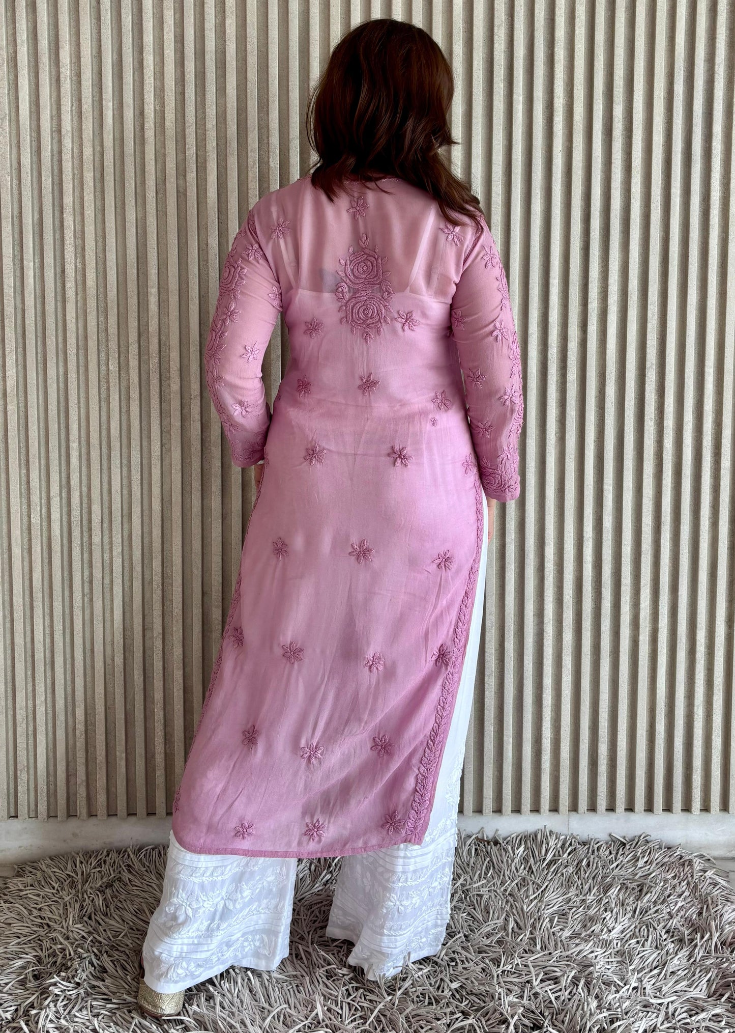 Light Pink Lucknowi Chikankari Rose Viscose Georgette Kurta Set