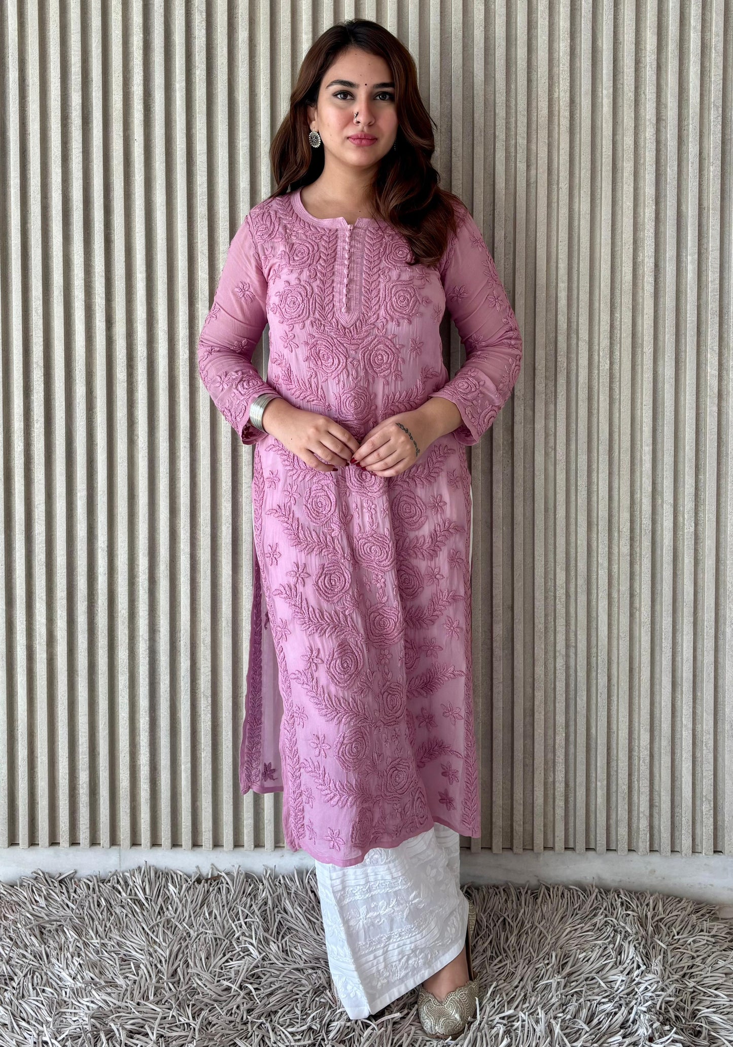 Light Pink Lucknowi Chikankari Rose Viscose Georgette Kurta Set