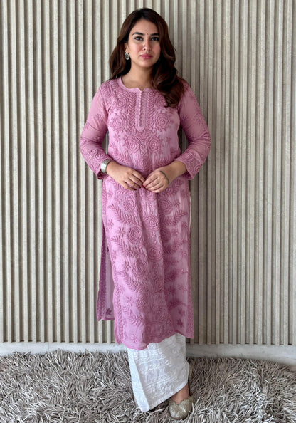 Light Pink Lucknowi Chikankari Rose Viscose Georgette Kurta Set
