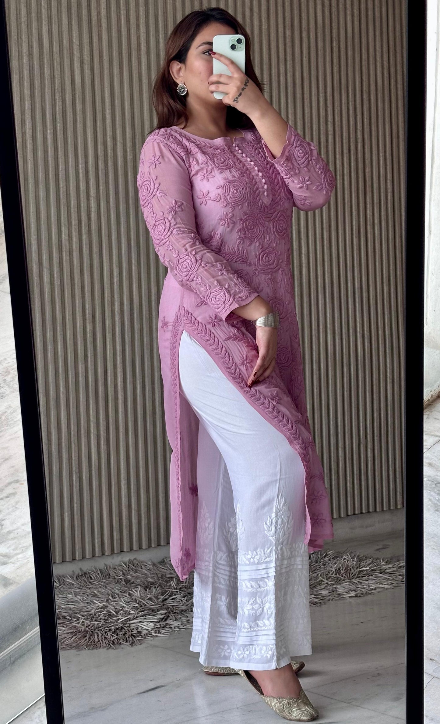 Light Pink Lucknowi Chikankari Rose Viscose Georgette Kurta Set