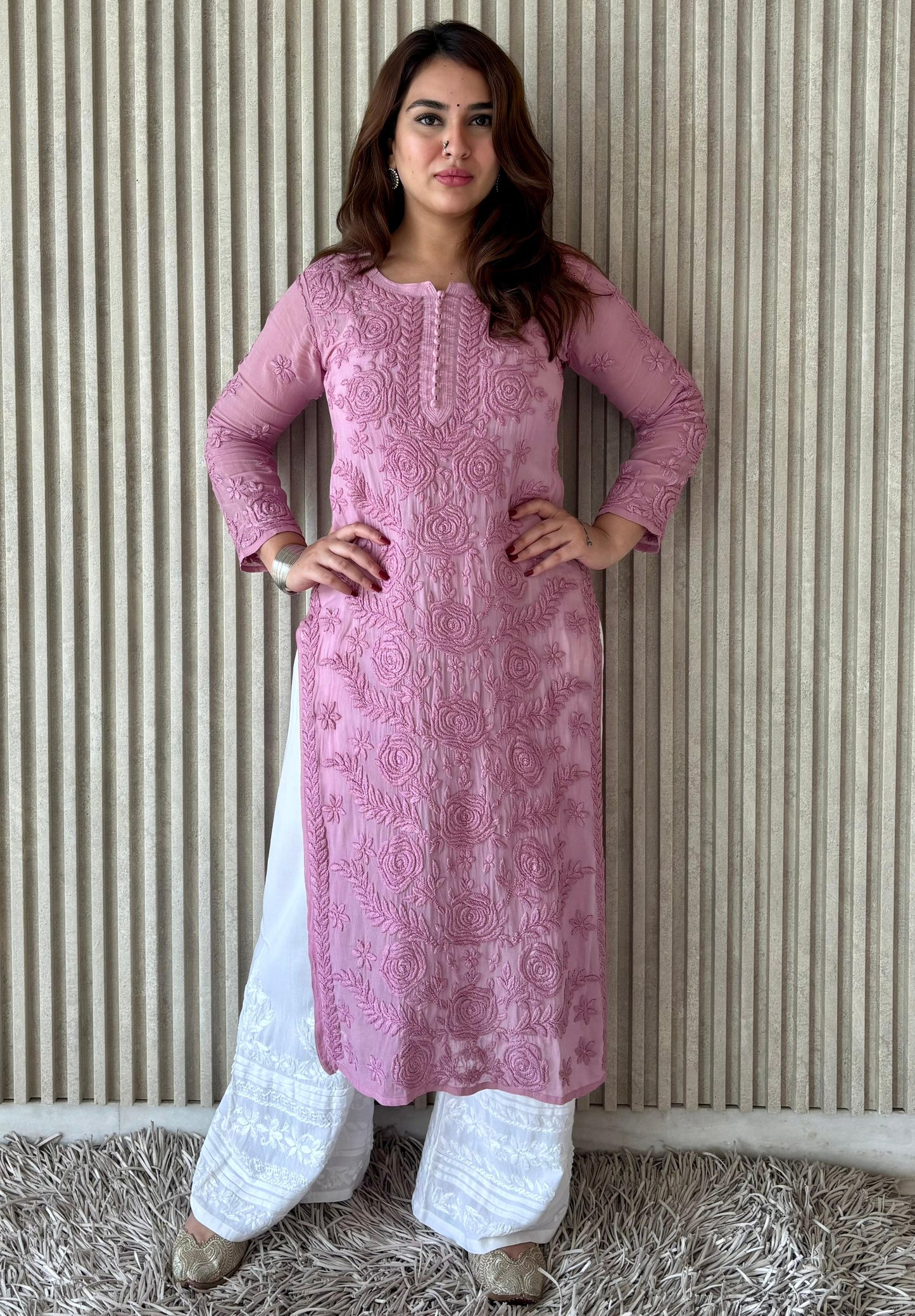 Light Pink Lucknowi Chikankari Rose Viscose Georgette Kurta Set