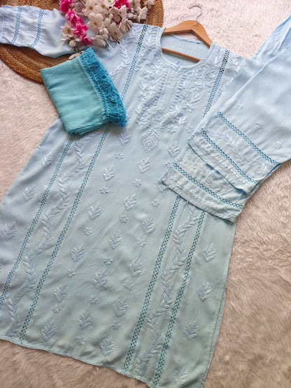 Light Blue Aura Luxe: Premium Rayon 3-Piece Lucknowi Chikankari Ensemble