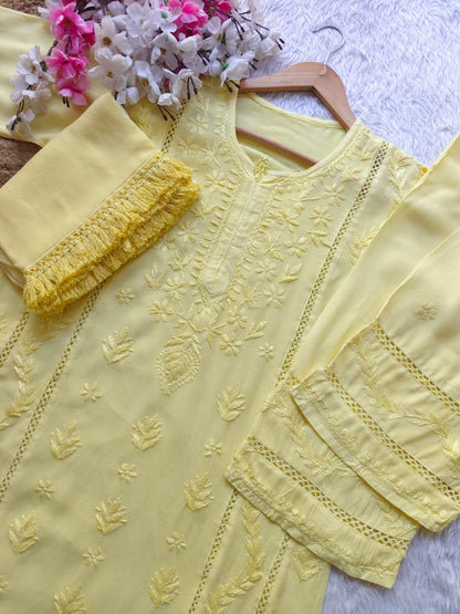 Yellow Aura Luxe: Premium Rayon 3-Piece Lucknowi Chikankari Ensemble